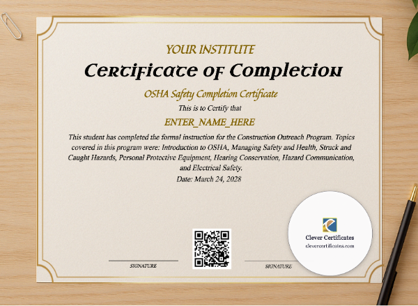 Professional preview of OSHA Safety Completion Certificate certificate on high-quality stationery paper, ideal for showcasing the final look.