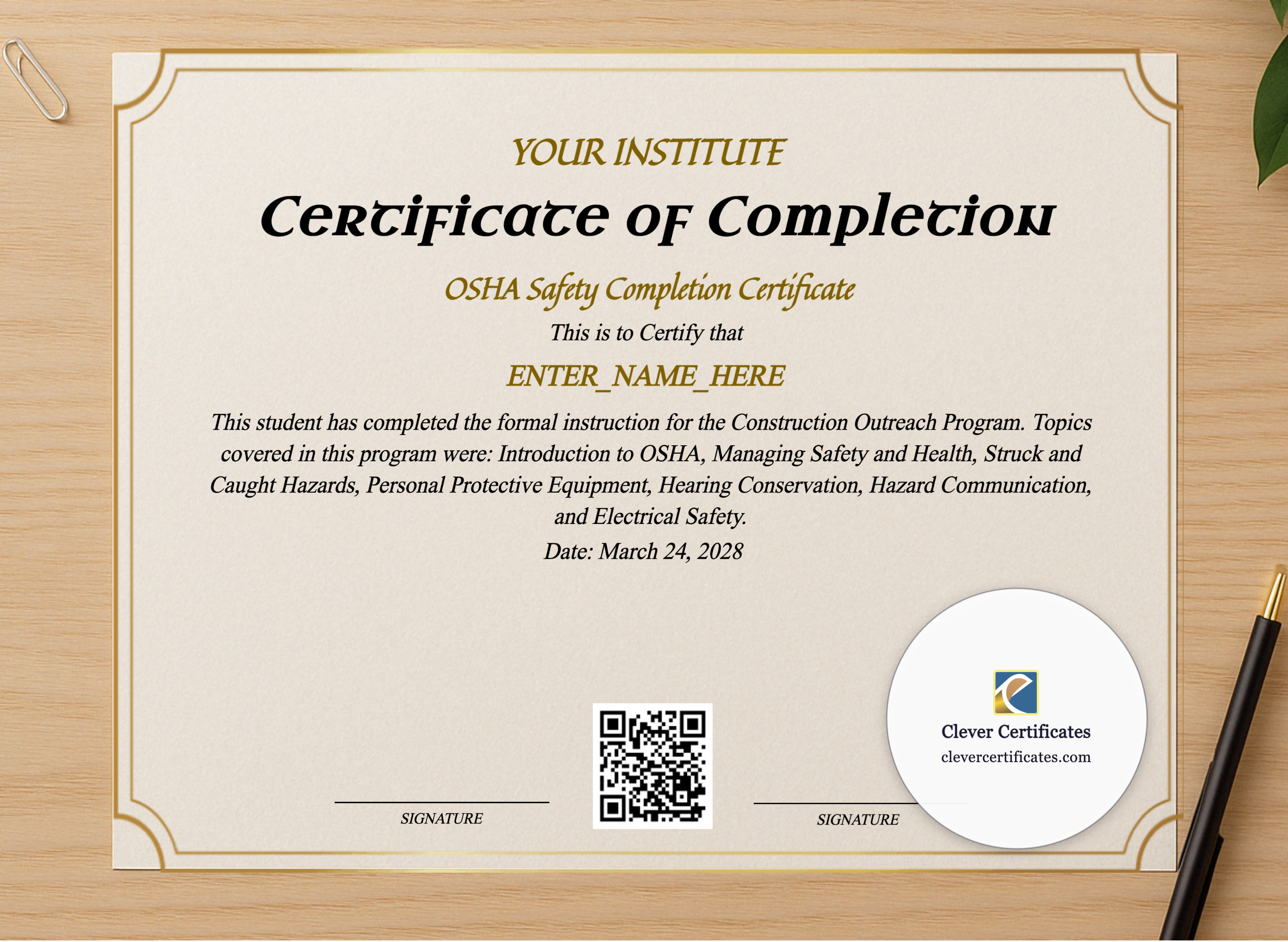 Professional preview of OSHA Safety Completion Certificate certificate on high-quality stationery paper, ideal for showcasing the final look.