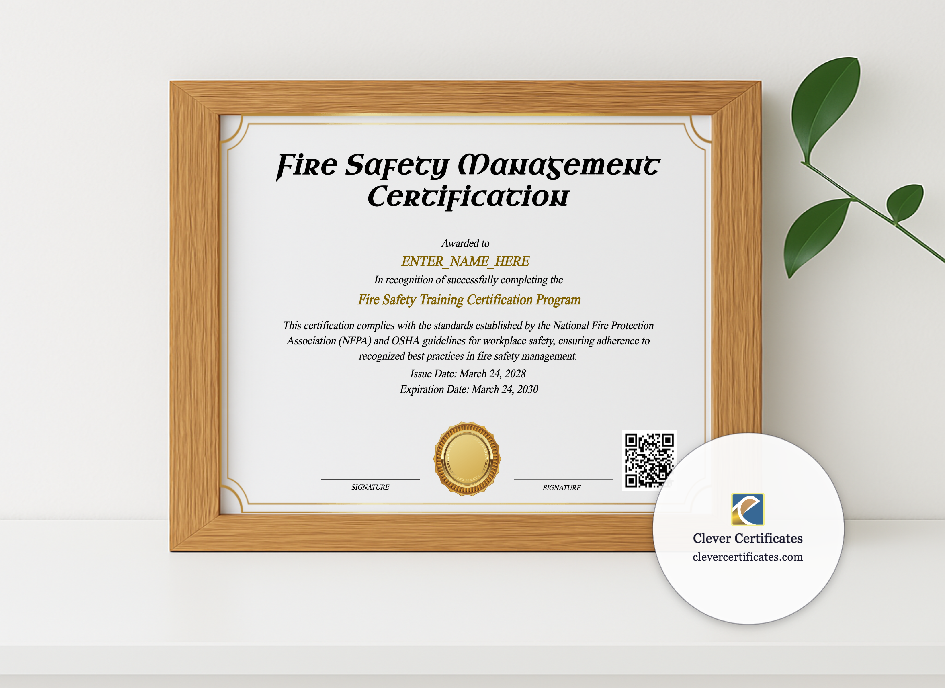 Realistic mockup featuring Fire Safety Training Certificate displayed within a modern frame, set against a minimalistic background.