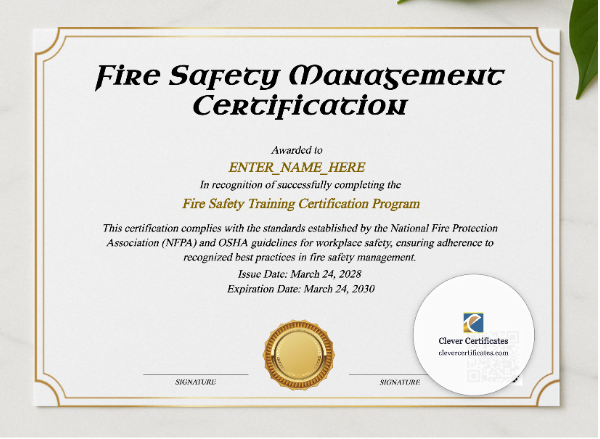 Fire Safety Training Certificate presented in a sleek wooden frame, elegantly arranged on a stylish table.