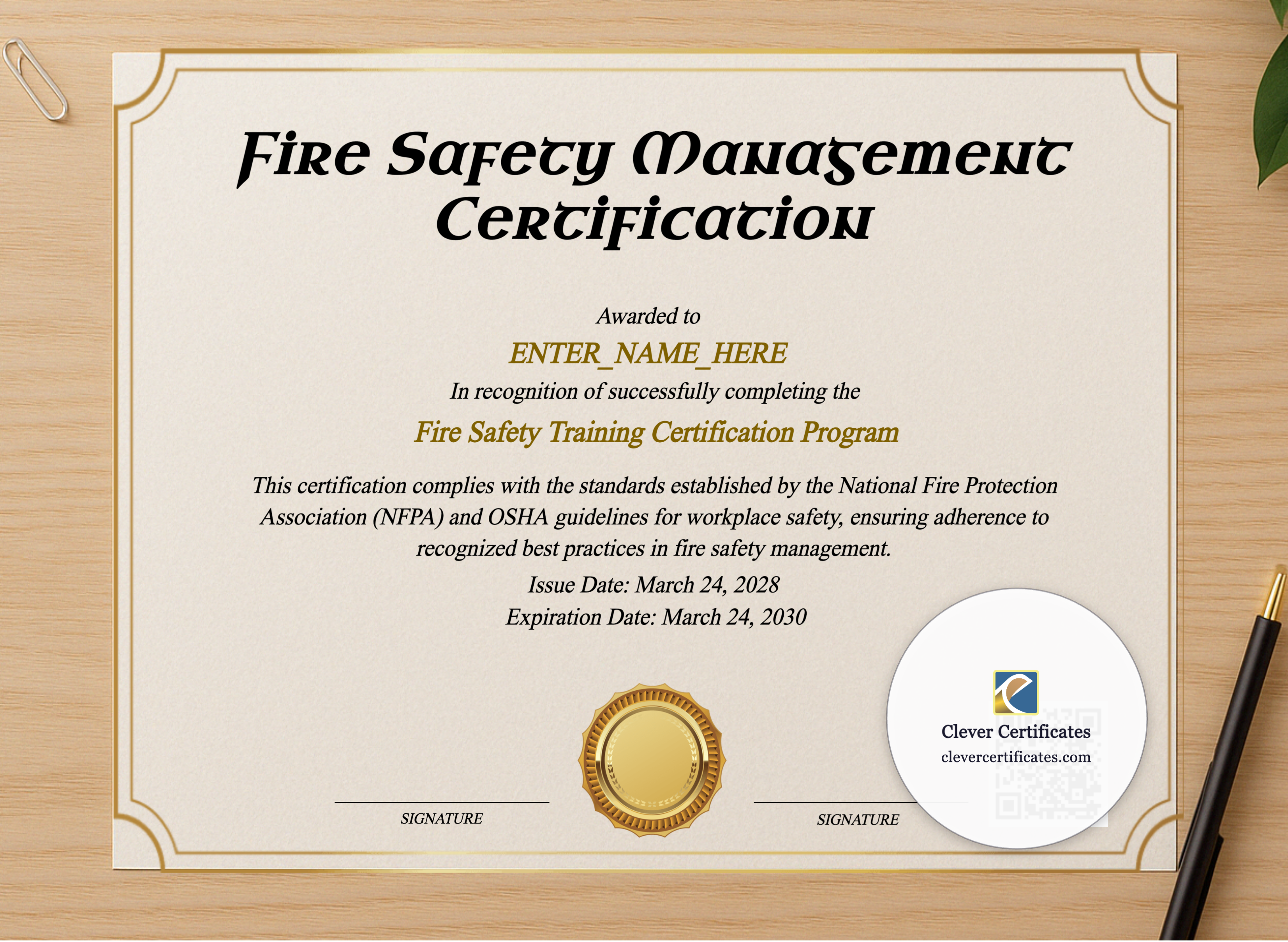 Professional preview of Fire Safety Training Certificate certificate on high-quality stationery paper, ideal for showcasing the final look.