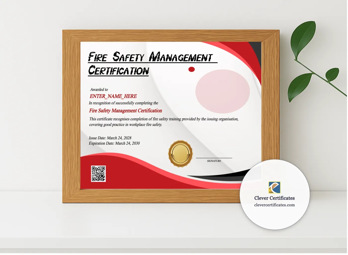 Realistic mockup featuring Fire Warden Certificate displayed within a modern frame, set against a minimalistic background.