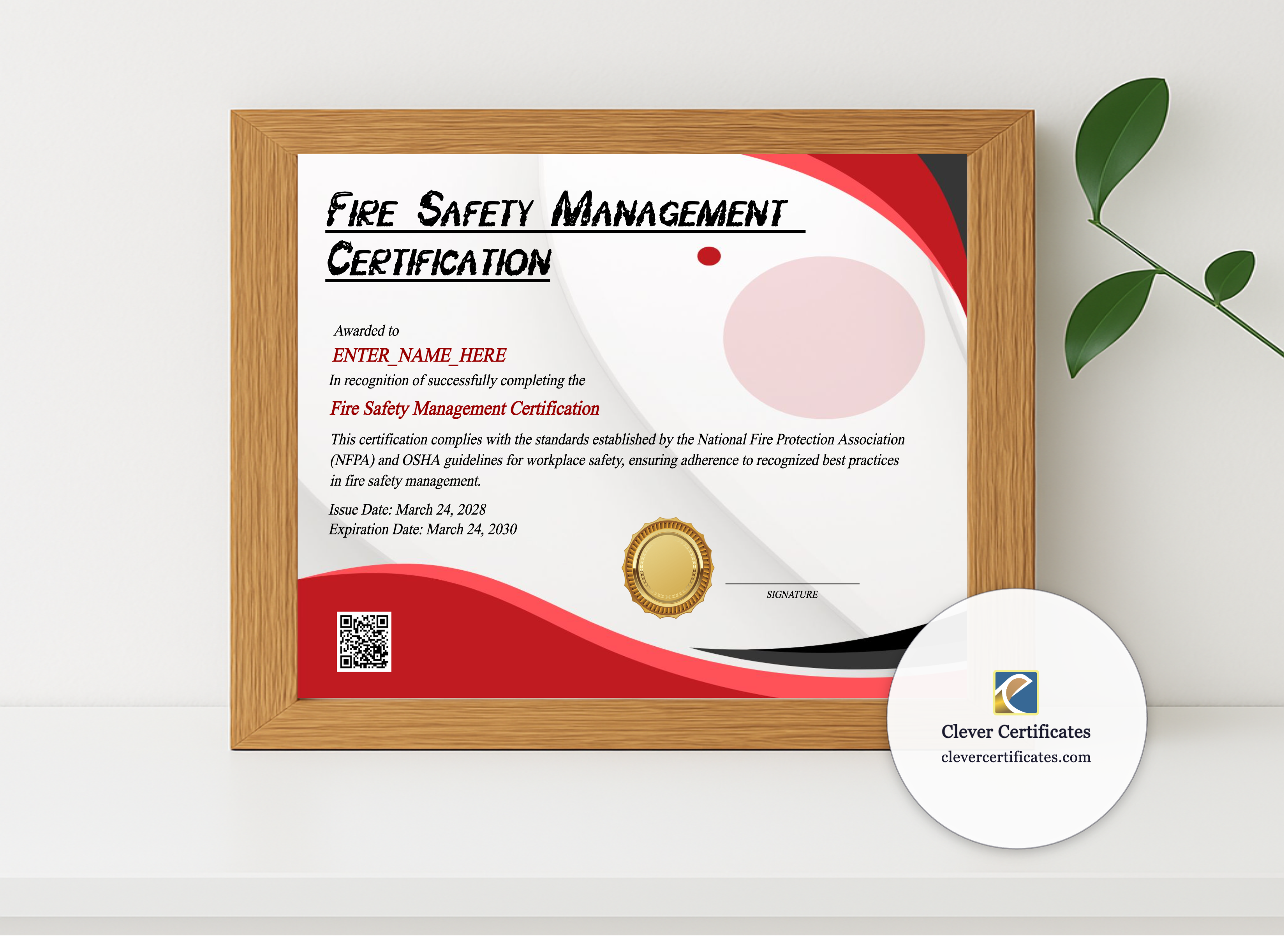 Realistic mockup featuring Fire Warden Certificate displayed within a modern frame, set against a minimalistic background.