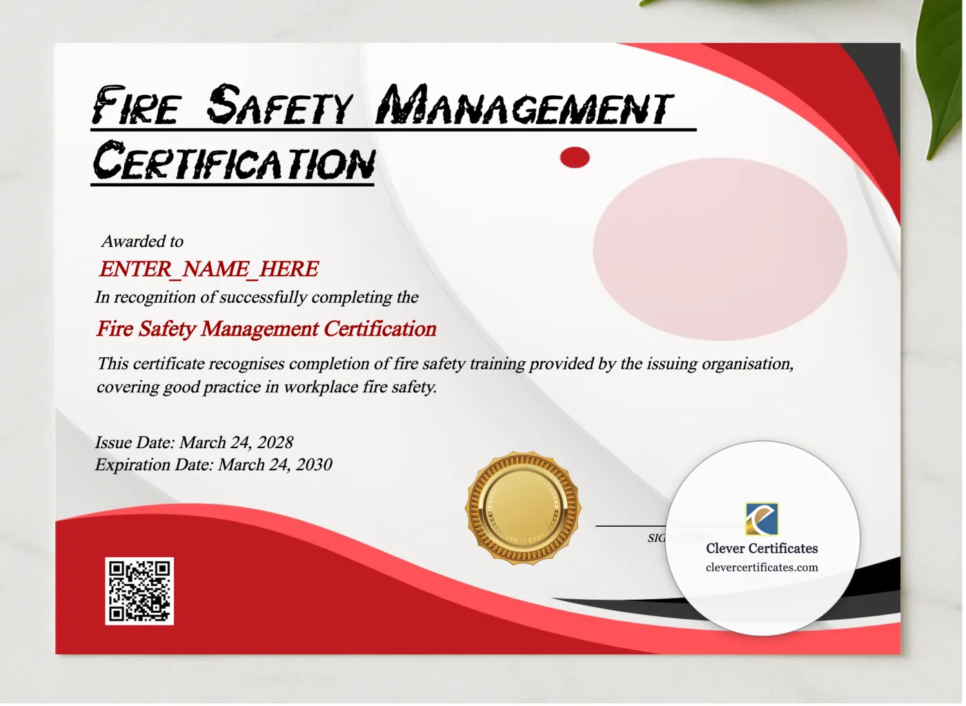 Fire Warden Certificate presented in a sleek wooden frame, elegantly arranged on a stylish table.