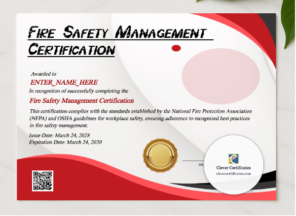 Fire Warden Certificate presented in a sleek wooden frame, elegantly arranged on a stylish table.