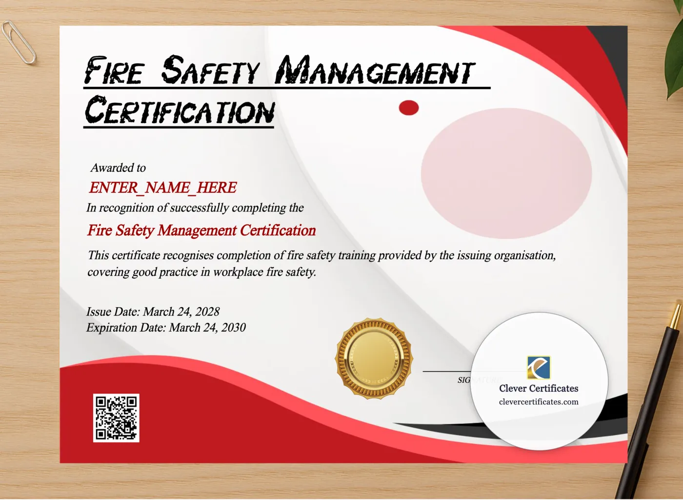 Professional preview of Fire Warden Certificate certificate on high-quality stationery paper, ideal for showcasing the final look.