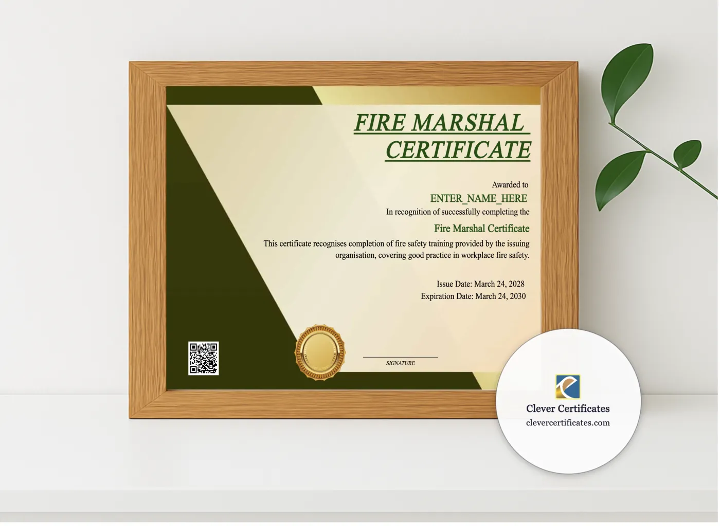 Realistic mockup featuring Fire Marshal Certificate displayed within a modern frame, set against a minimalistic background.