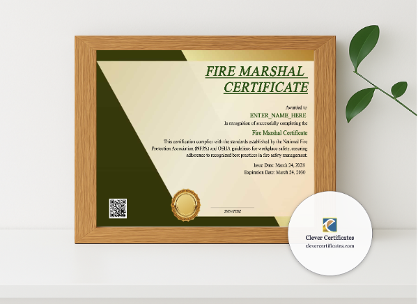 Realistic mockup featuring Fire Marshal Certificate displayed within a modern frame, set against a minimalistic background.