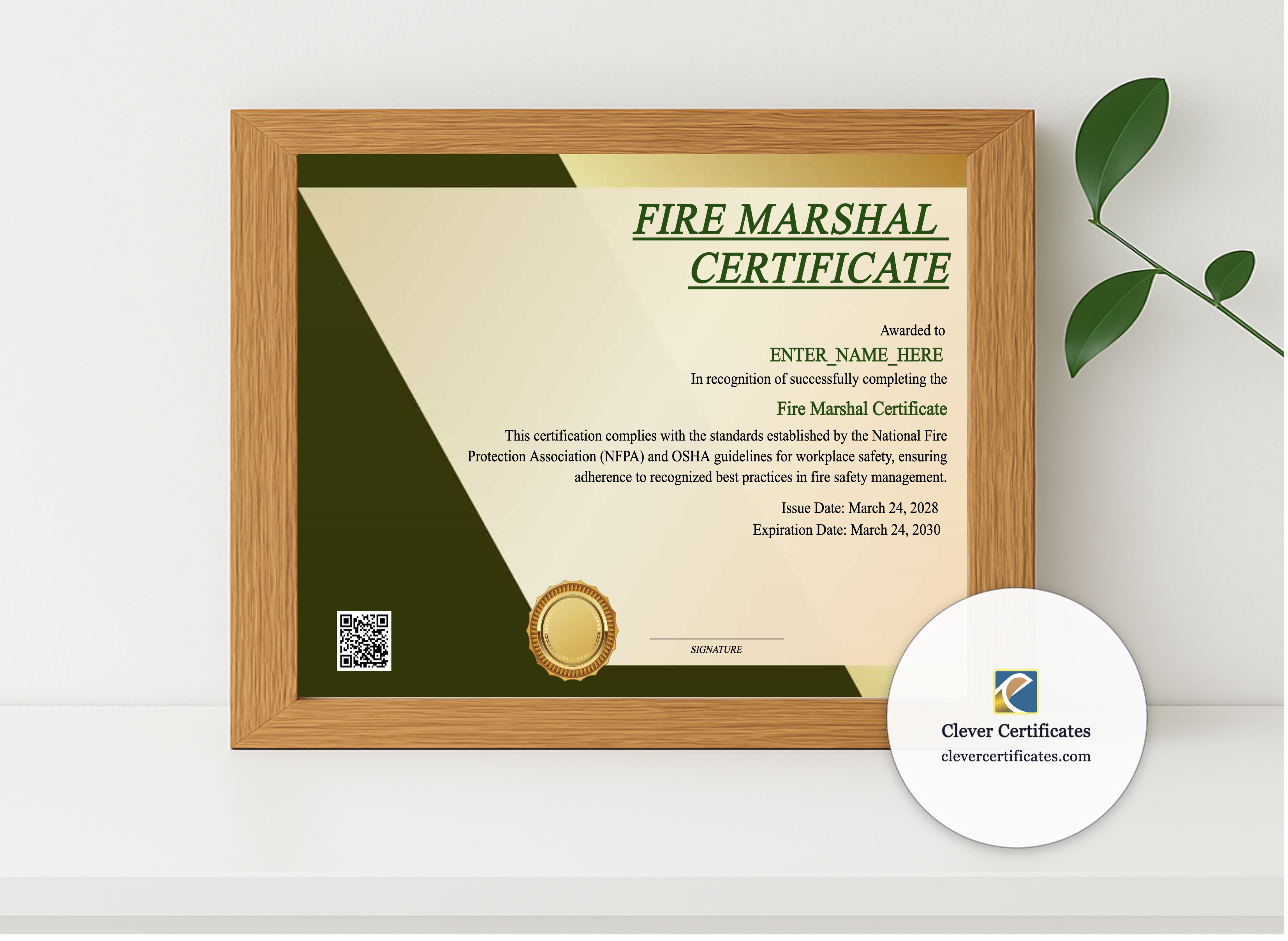 Realistic mockup featuring Fire Marshal Certificate displayed within a modern frame, set against a minimalistic background.