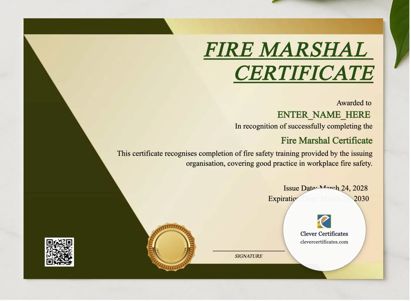 Fire Marshal Certificate presented in a sleek wooden frame, elegantly arranged on a stylish table.