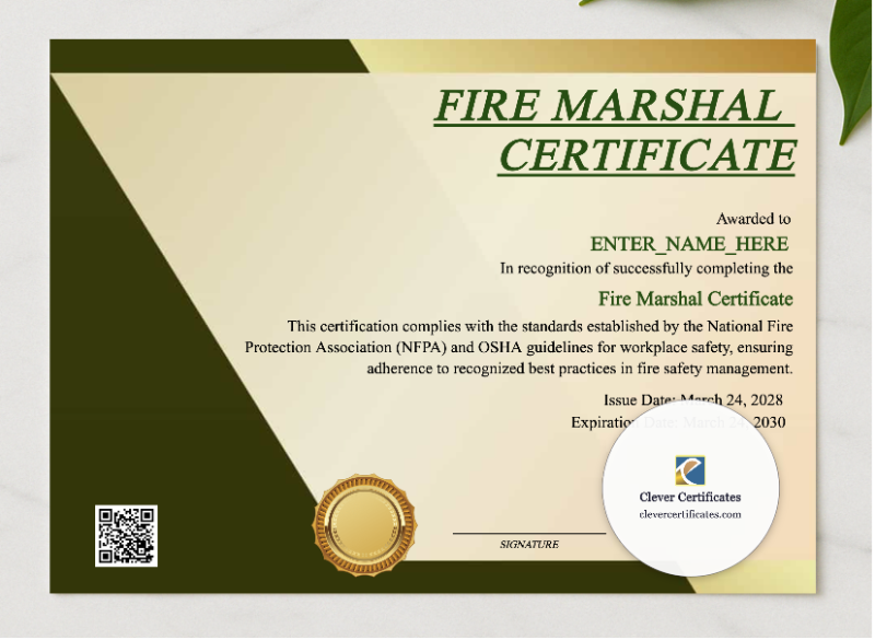 Fire Marshal Certificate presented in a sleek wooden frame, elegantly arranged on a stylish table.