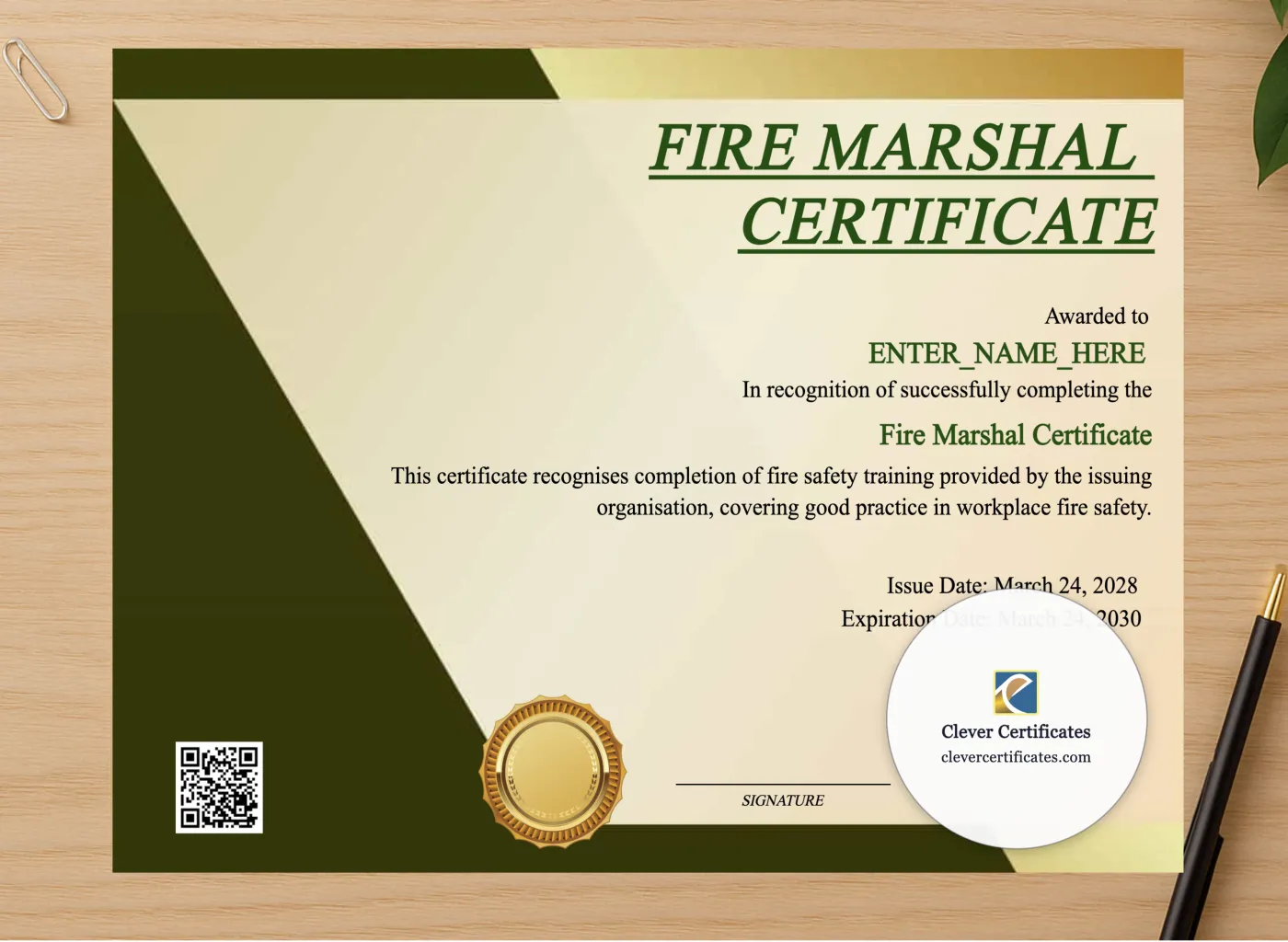 Professional preview of Fire Marshal Certificate certificate on high-quality stationery paper, ideal for showcasing the final look.