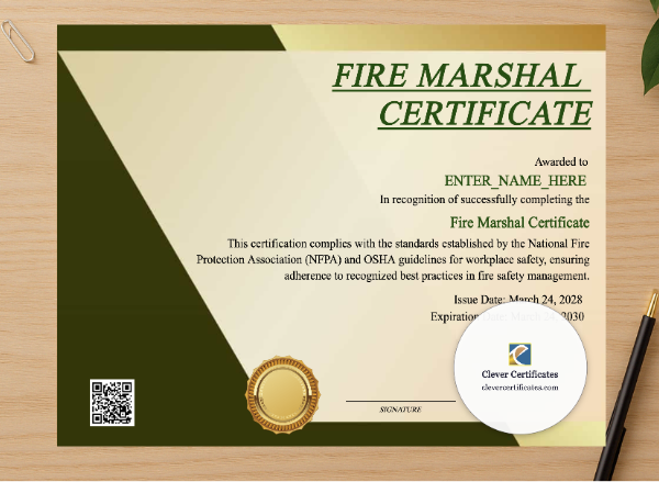 Professional preview of Fire Marshal Certificate certificate on high-quality stationery paper, ideal for showcasing the final look.