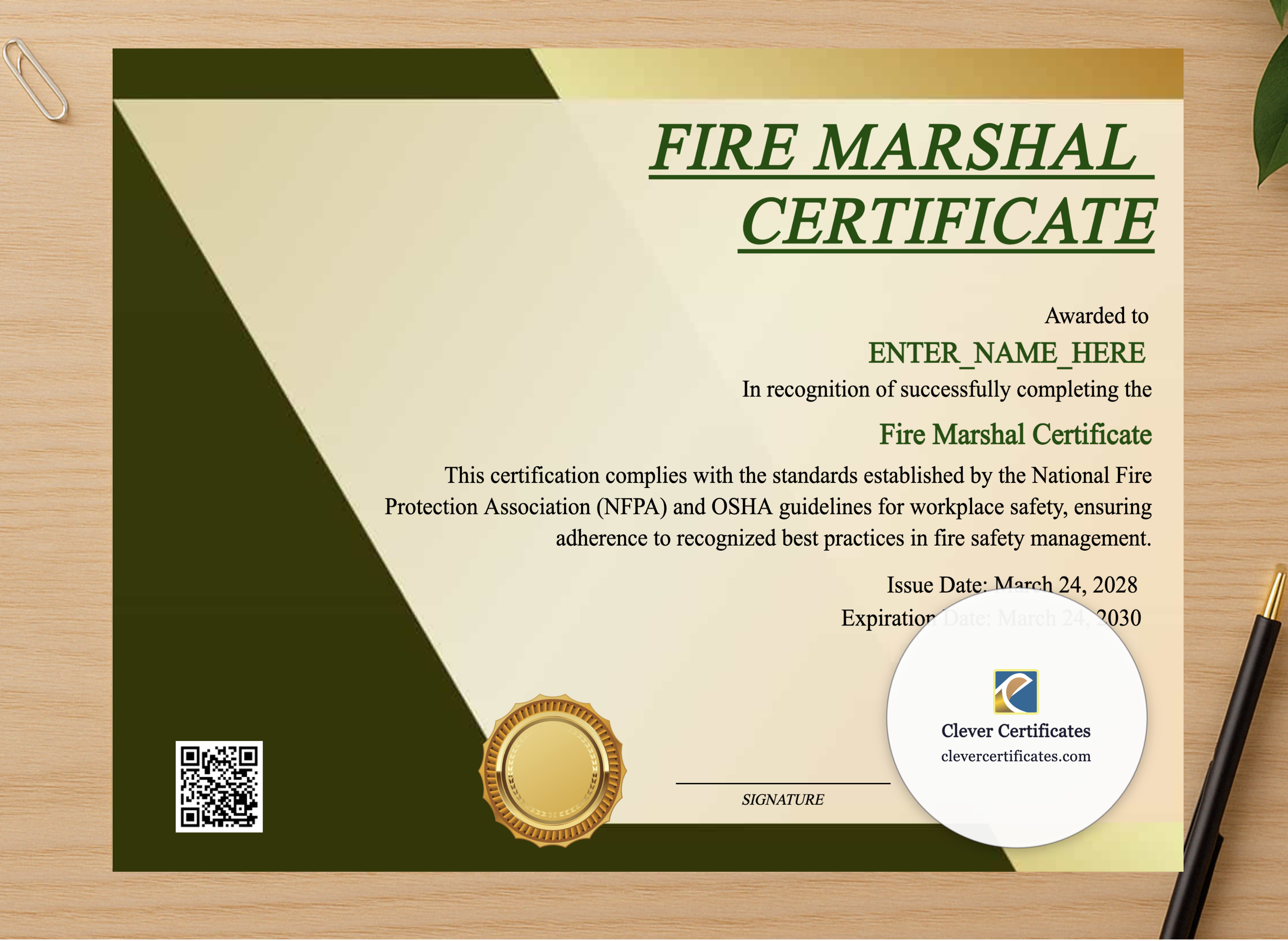 Professional preview of Fire Marshal Certificate certificate on high-quality stationery paper, ideal for showcasing the final look.