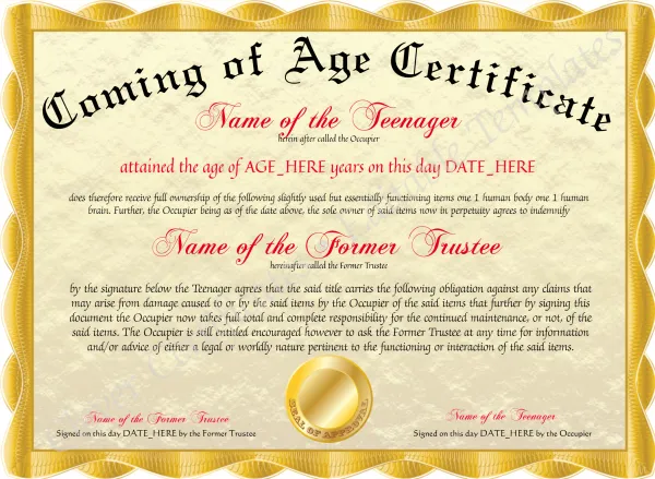 Coming Of Age Certificate