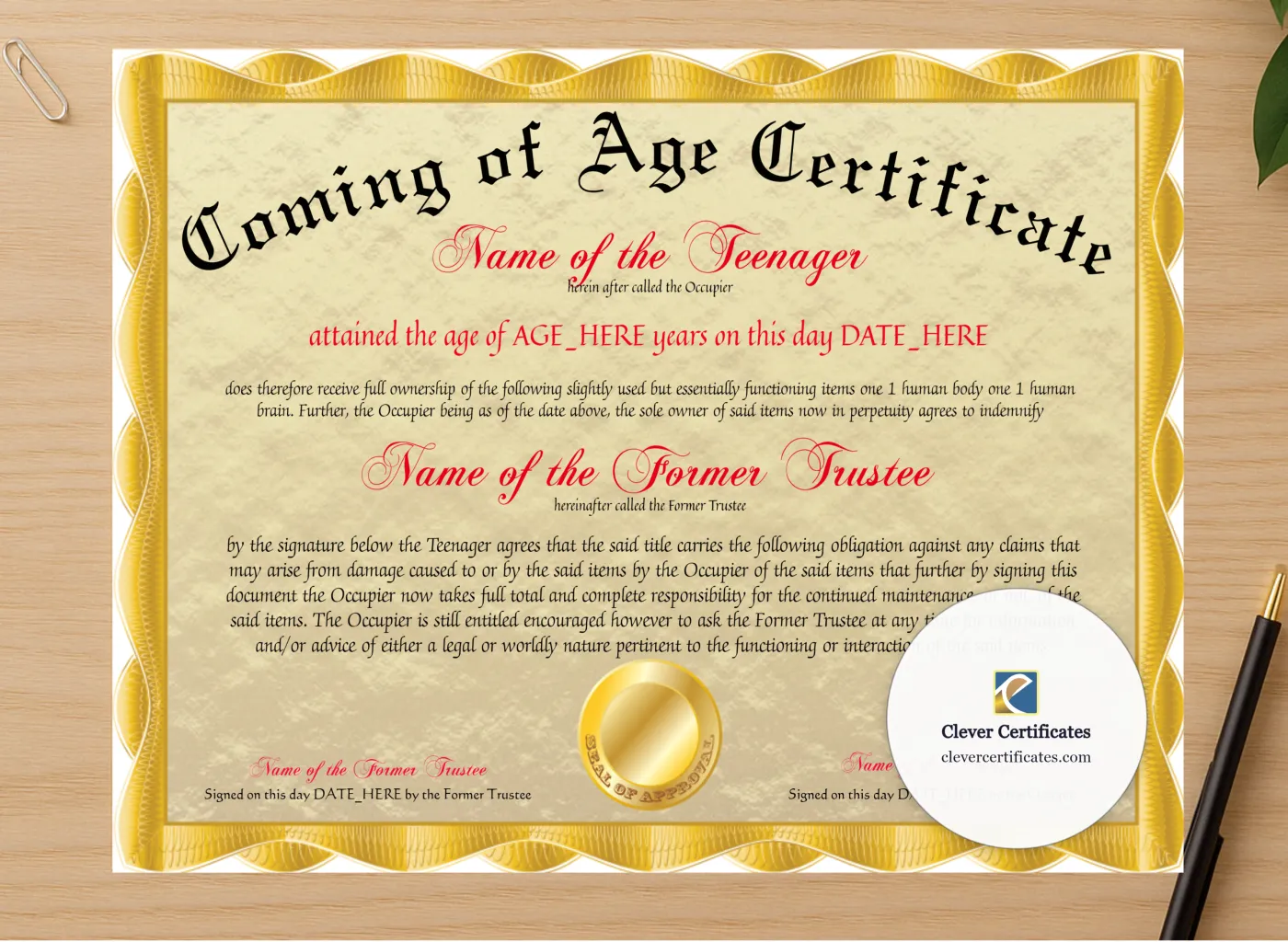 Professional preview of Coming Of Age Certificate certificate on high-quality stationery paper, ideal for showcasing the final look.