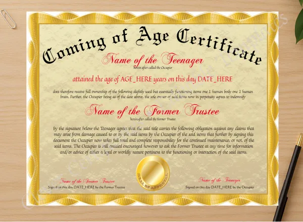 Professional preview of Coming Of Age Certificate certificate on high-quality stationery paper, ideal for showcasing the final look.