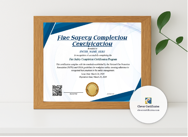 Realistic mockup featuring Fire Safety Completion Certificate displayed within a modern frame, set against a minimalistic background.