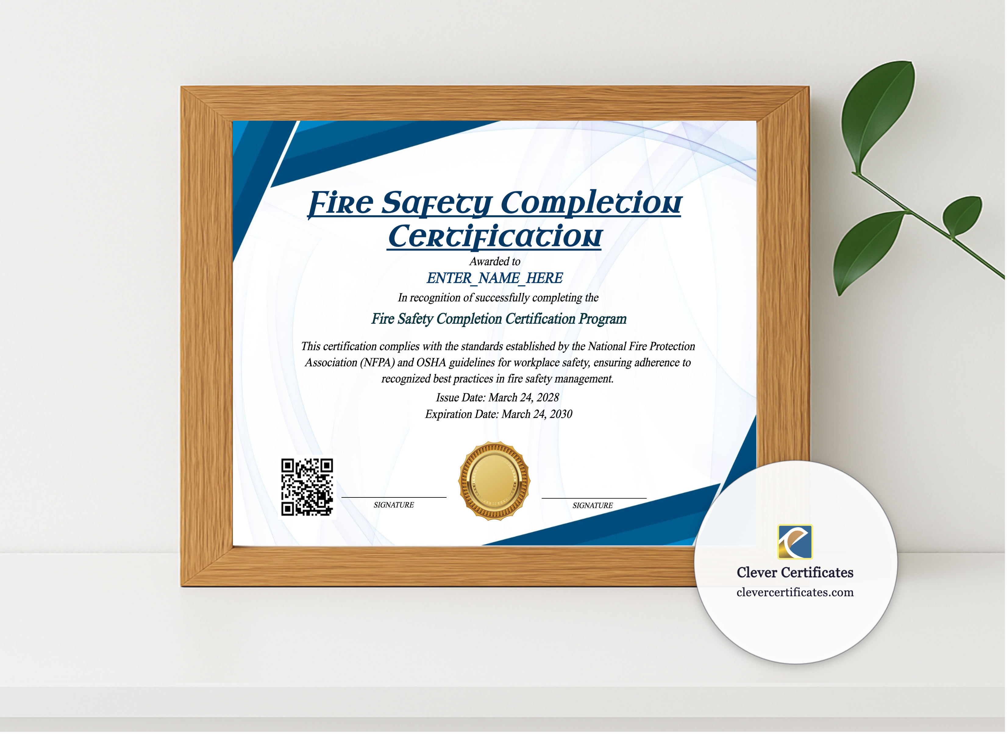Realistic mockup featuring Fire Safety Completion Certificate displayed within a modern frame, set against a minimalistic background.