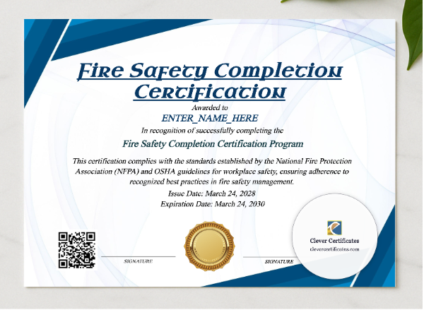 Fire Safety Completion Certificate presented in a sleek wooden frame, elegantly arranged on a stylish table.