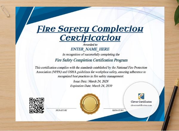 Professional preview of Fire Safety Completion Certificate certificate on high-quality stationery paper, ideal for showcasing the final look.