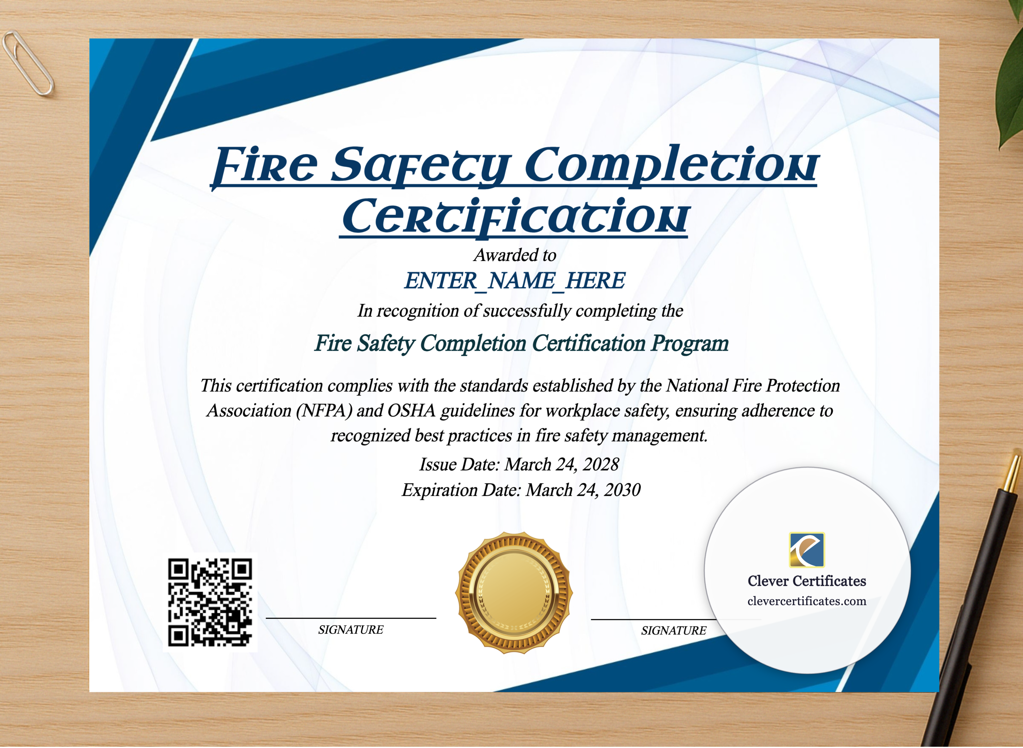 Professional preview of Fire Safety Completion Certificate certificate on high-quality stationery paper, ideal for showcasing the final look.