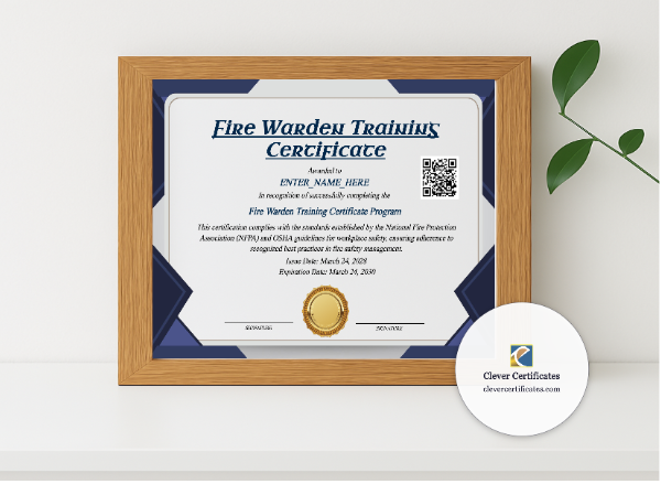 Realistic mockup featuring Fire Warden Training Certificate displayed within a modern frame, set against a minimalistic background.