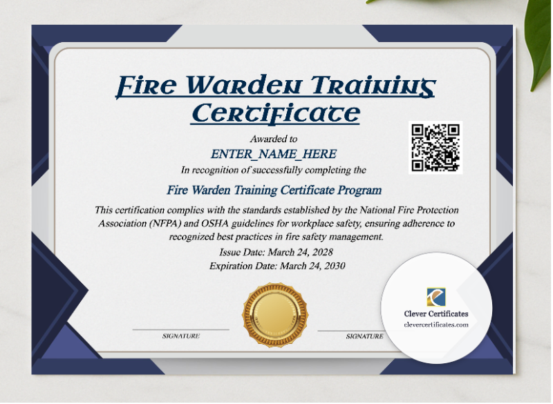 Fire Warden Training Certificate presented in a sleek wooden frame, elegantly arranged on a stylish table.