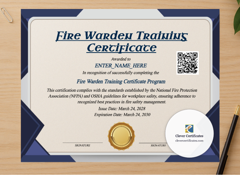 Professional preview of Fire Warden Training Certificate certificate on high-quality stationery paper, ideal for showcasing the final look.