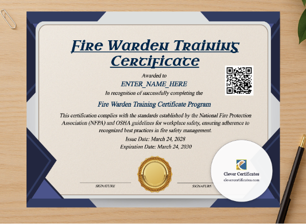 Professional preview of Fire Warden Training Certificate certificate on high-quality stationery paper, ideal for showcasing the final look.