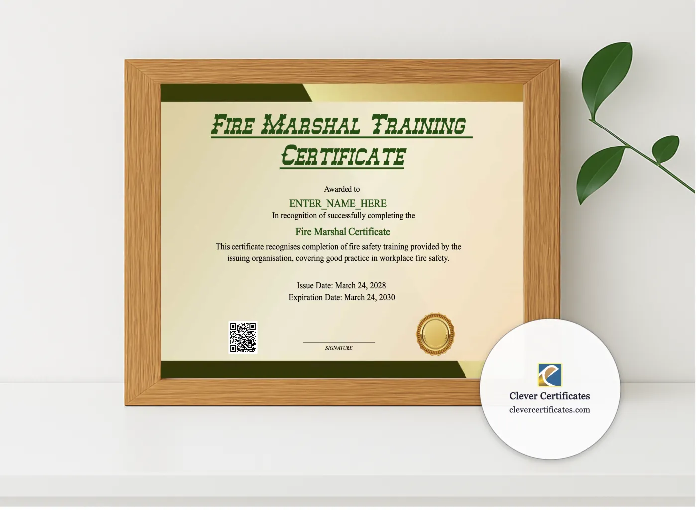 Realistic mockup featuring Fire Marshal Training Certificate displayed within a modern frame, set against a minimalistic background.