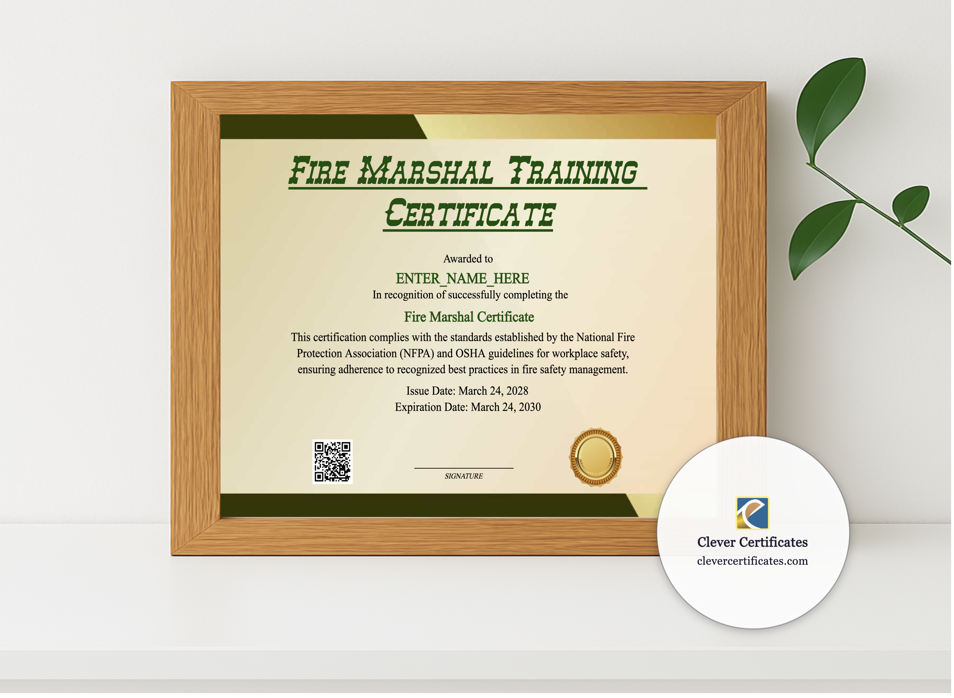 Realistic mockup featuring Fire Marshal Training Certificate displayed within a modern frame, set against a minimalistic background.