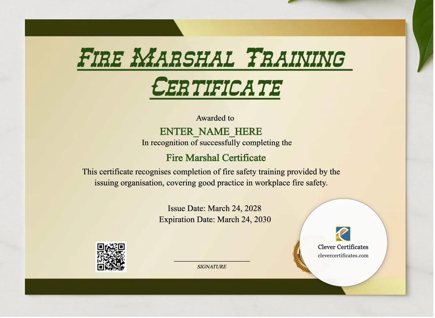 Fire Marshal Training Certificate presented in a sleek wooden frame, elegantly arranged on a stylish table.