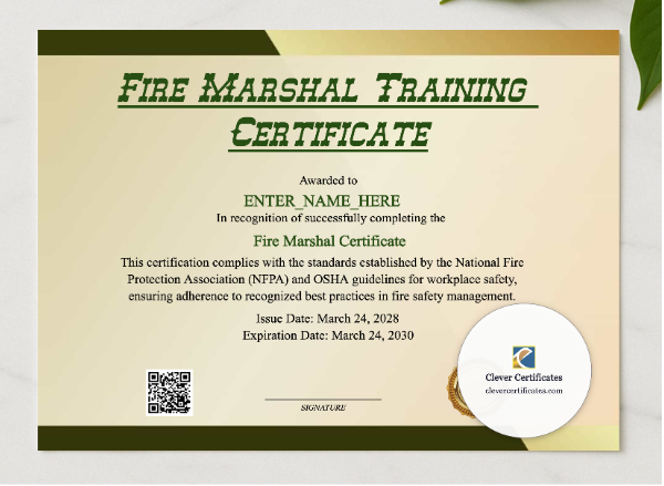 Fire Marshal Training Certificate presented in a sleek wooden frame, elegantly arranged on a stylish table.