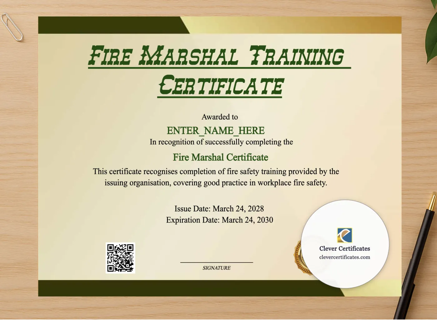 Professional preview of Fire Marshal Training Certificate certificate on high-quality stationery paper, ideal for showcasing the final look.
