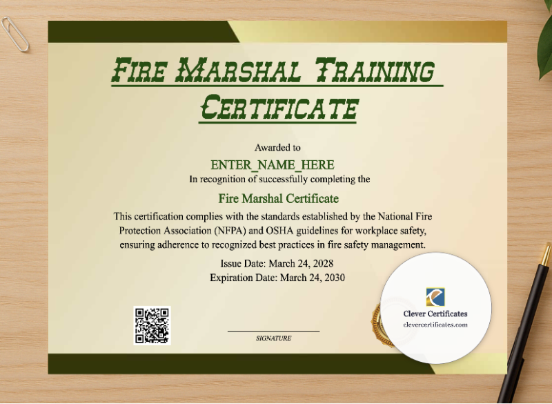 Professional preview of Fire Marshal Training Certificate certificate on high-quality stationery paper, ideal for showcasing the final look.
