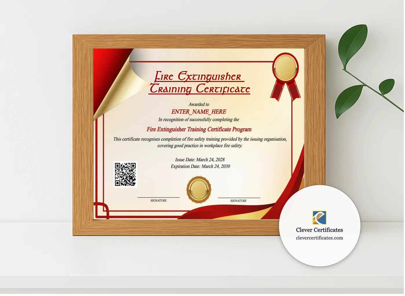 Realistic mockup featuring Fire Extinguisher Training Certificate displayed within a modern frame, set against a minimalistic background.