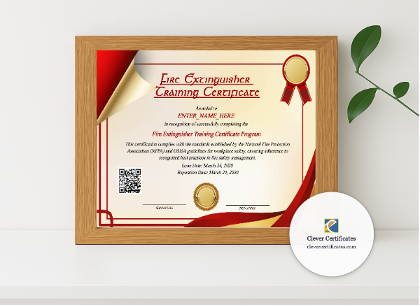 Realistic mockup featuring Fire Extinguisher Training Certificate displayed within a modern frame, set against a minimalistic background.