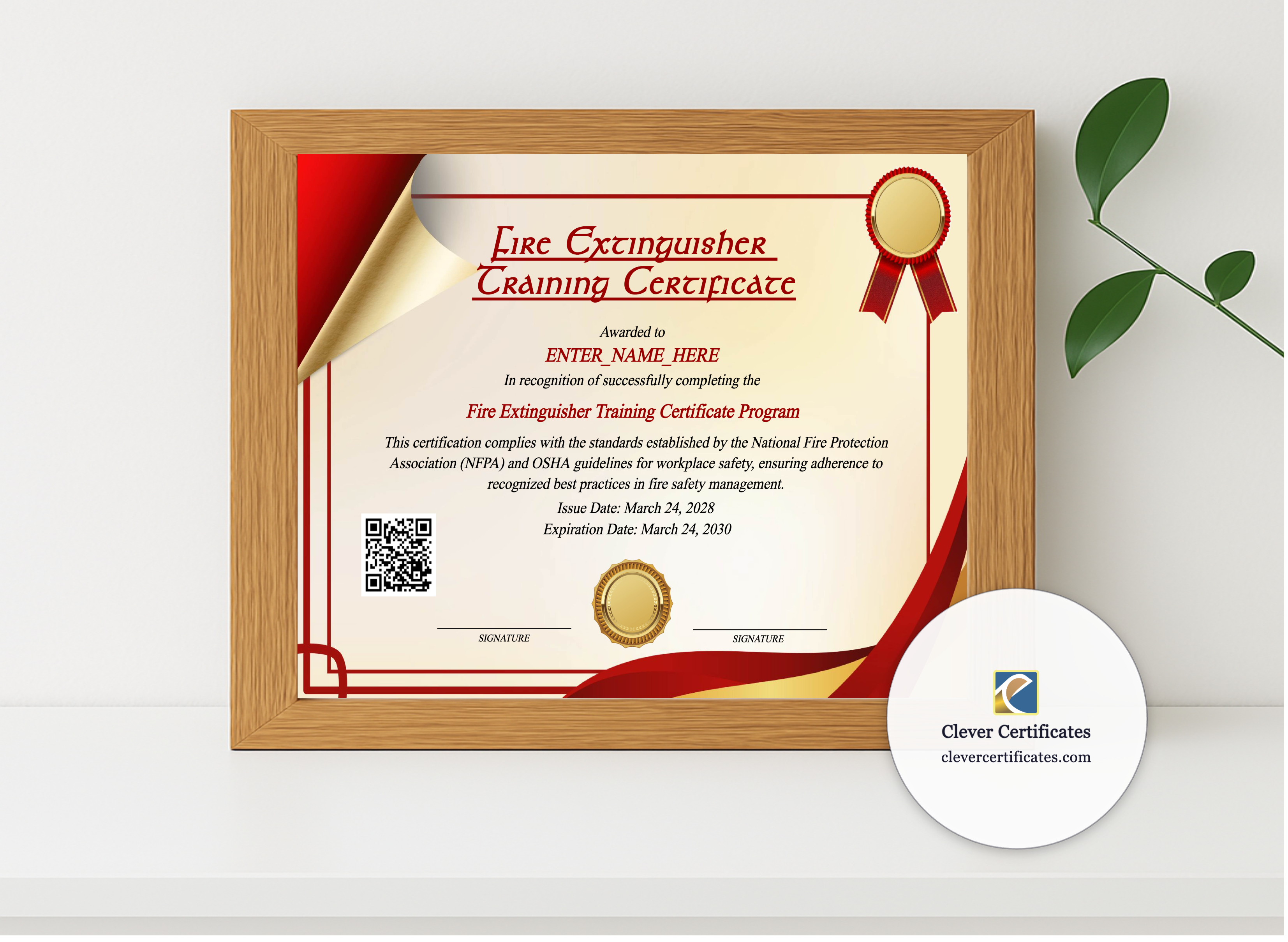 Realistic mockup featuring Fire Extinguisher Training Certificate displayed within a modern frame, set against a minimalistic background.