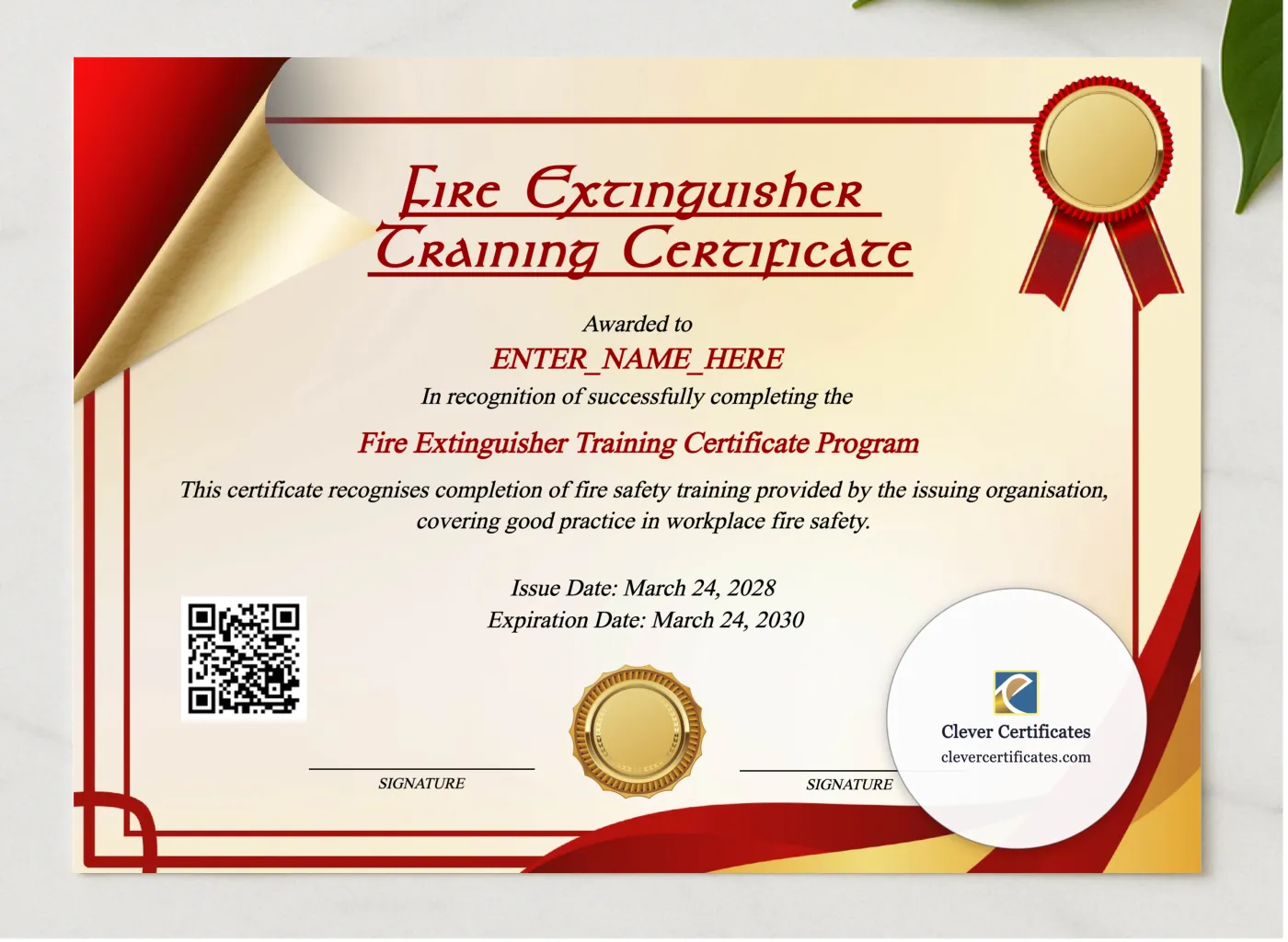 Fire Extinguisher Training Certificate presented in a sleek wooden frame, elegantly arranged on a stylish table.