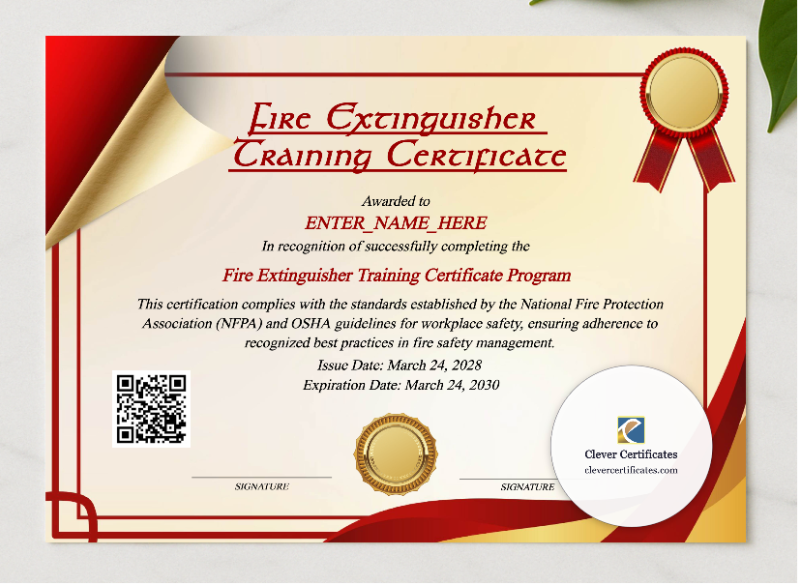Fire Extinguisher Training Certificate presented in a sleek wooden frame, elegantly arranged on a stylish table.