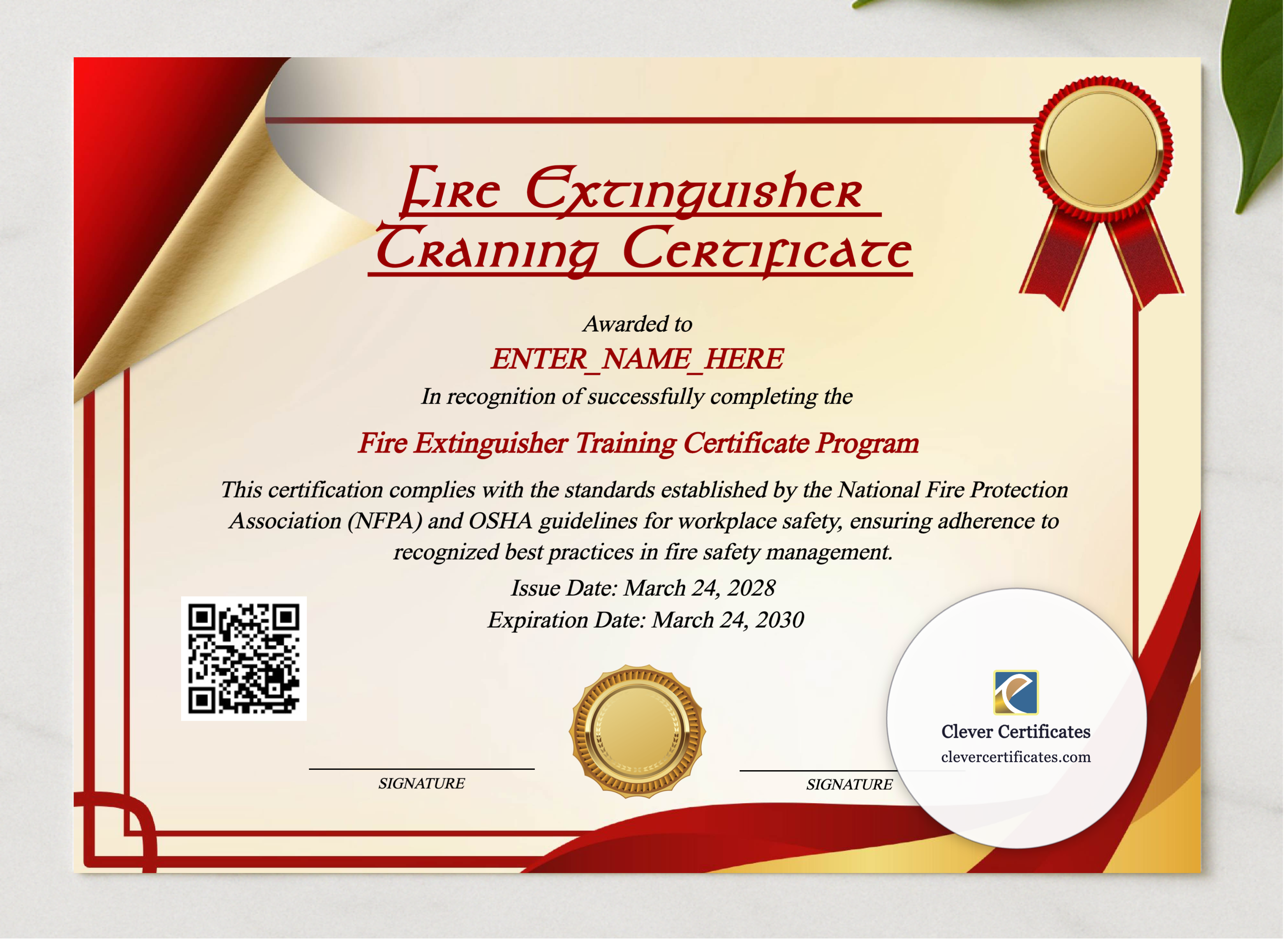 Fire Extinguisher Training Certificate presented in a sleek wooden frame, elegantly arranged on a stylish table.