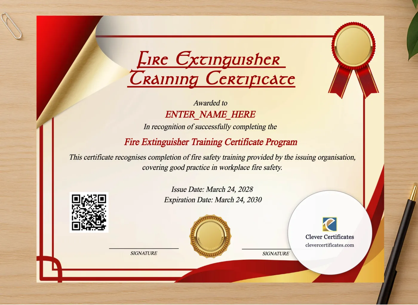 Professional preview of Fire Extinguisher Training Certificate certificate on high-quality stationery paper, ideal for showcasing the final look.