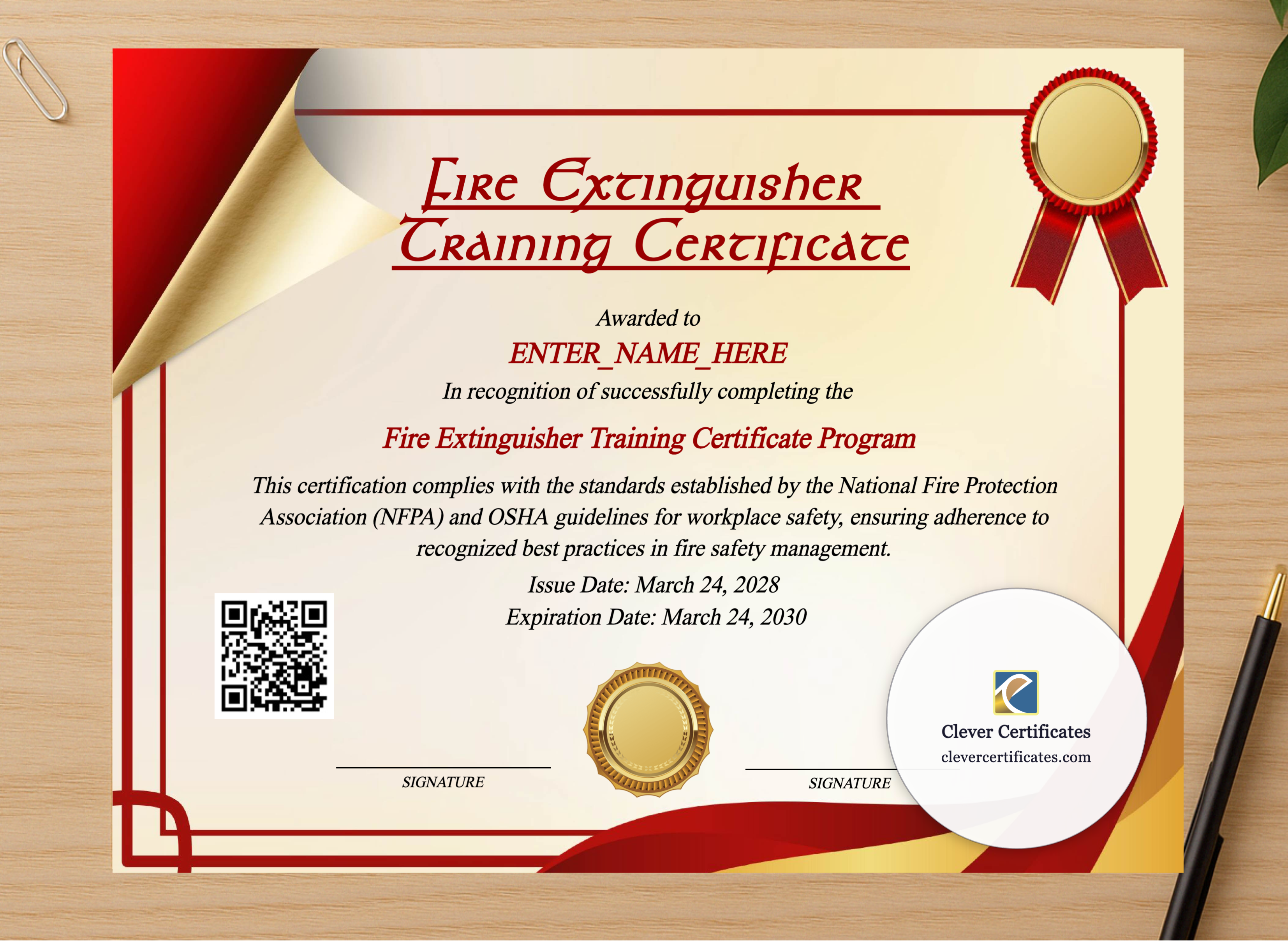 Professional preview of Fire Extinguisher Training Certificate certificate on high-quality stationery paper, ideal for showcasing the final look.
