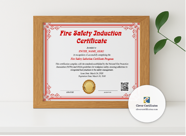 Realistic mockup featuring Fire Safety Induction Certificate displayed within a modern frame, set against a minimalistic background.