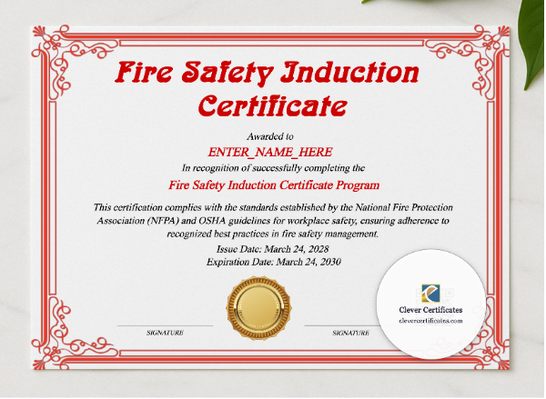 Fire Safety Induction Certificate presented in a sleek wooden frame, elegantly arranged on a stylish table.