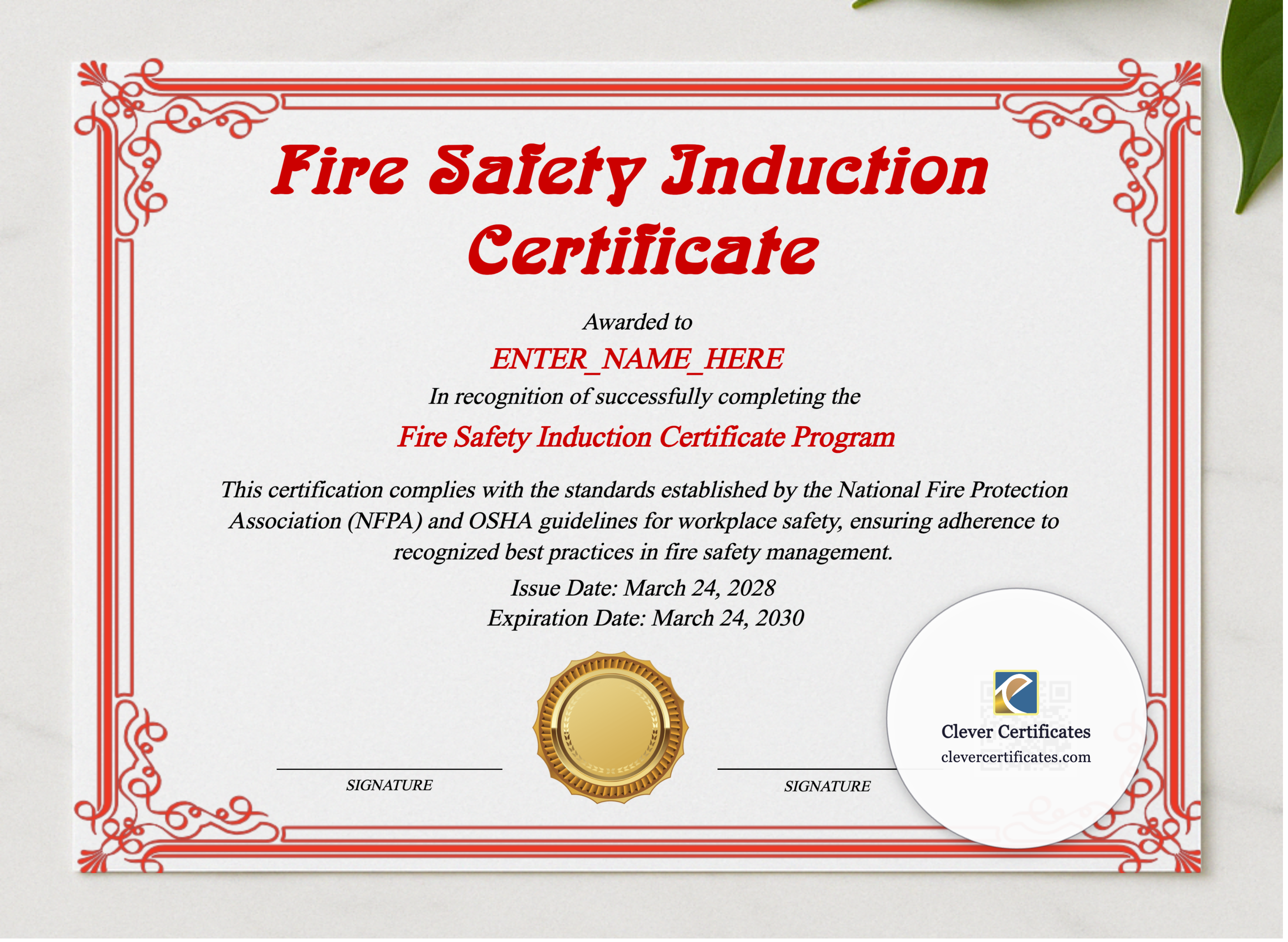 Fire Safety Induction Certificate presented in a sleek wooden frame, elegantly arranged on a stylish table.