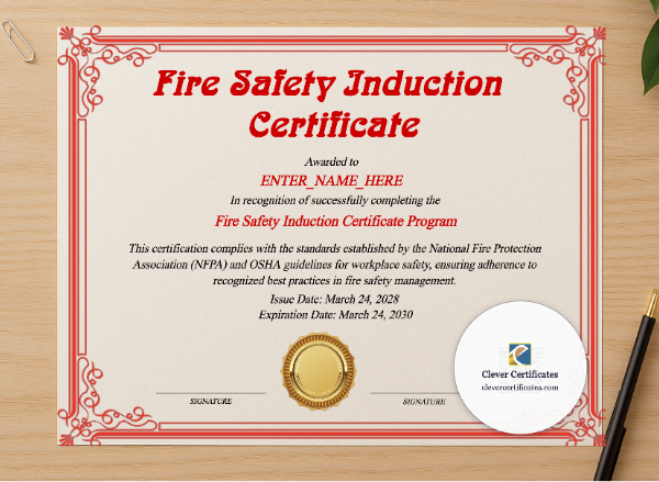 Professional preview of Fire Safety Induction Certificate certificate on high-quality stationery paper, ideal for showcasing the final look.