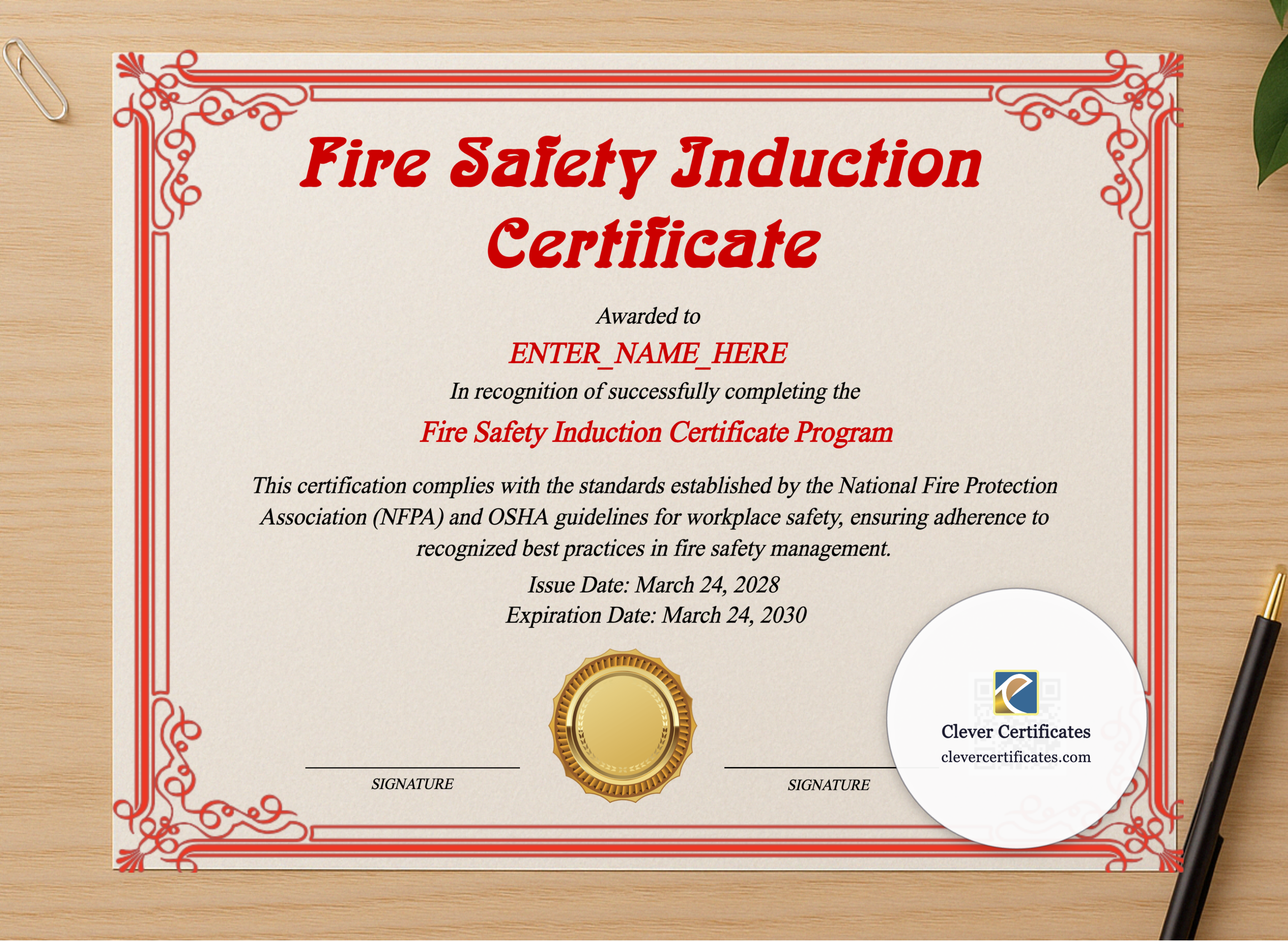 Professional preview of Fire Safety Induction Certificate certificate on high-quality stationery paper, ideal for showcasing the final look.