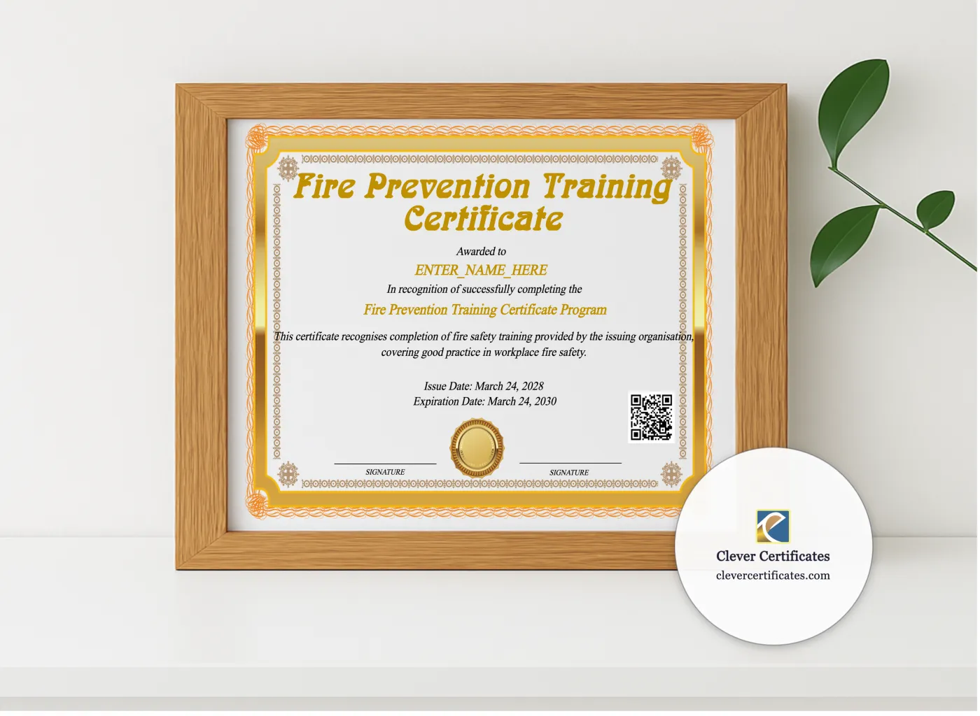 Realistic mockup featuring Fire Prevention Training Certificate displayed within a modern frame, set against a minimalistic background.